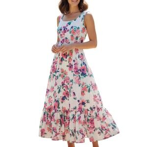 Zarr Collection Floral Eyelet Maxi Dress Size 8 White Pink Belted Tiered Cotton